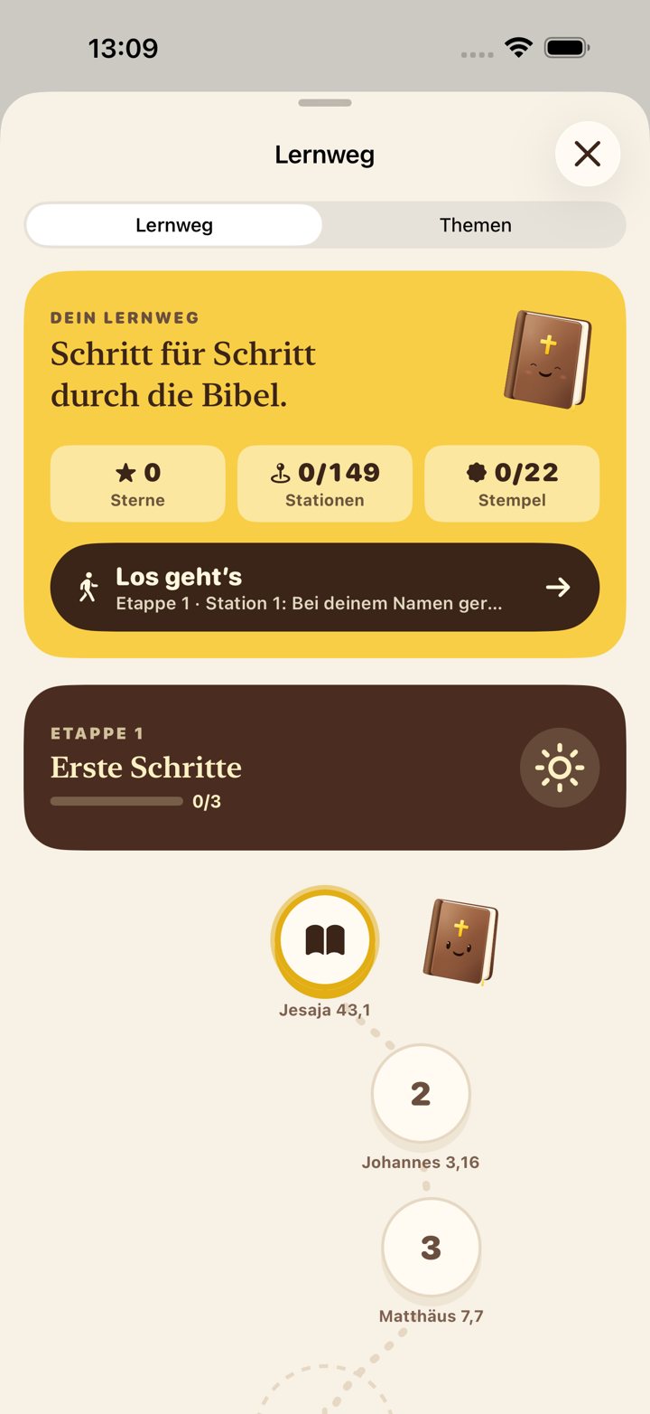 Lernweg mit Etappe 1 „Erste Schritte“ und Stationen