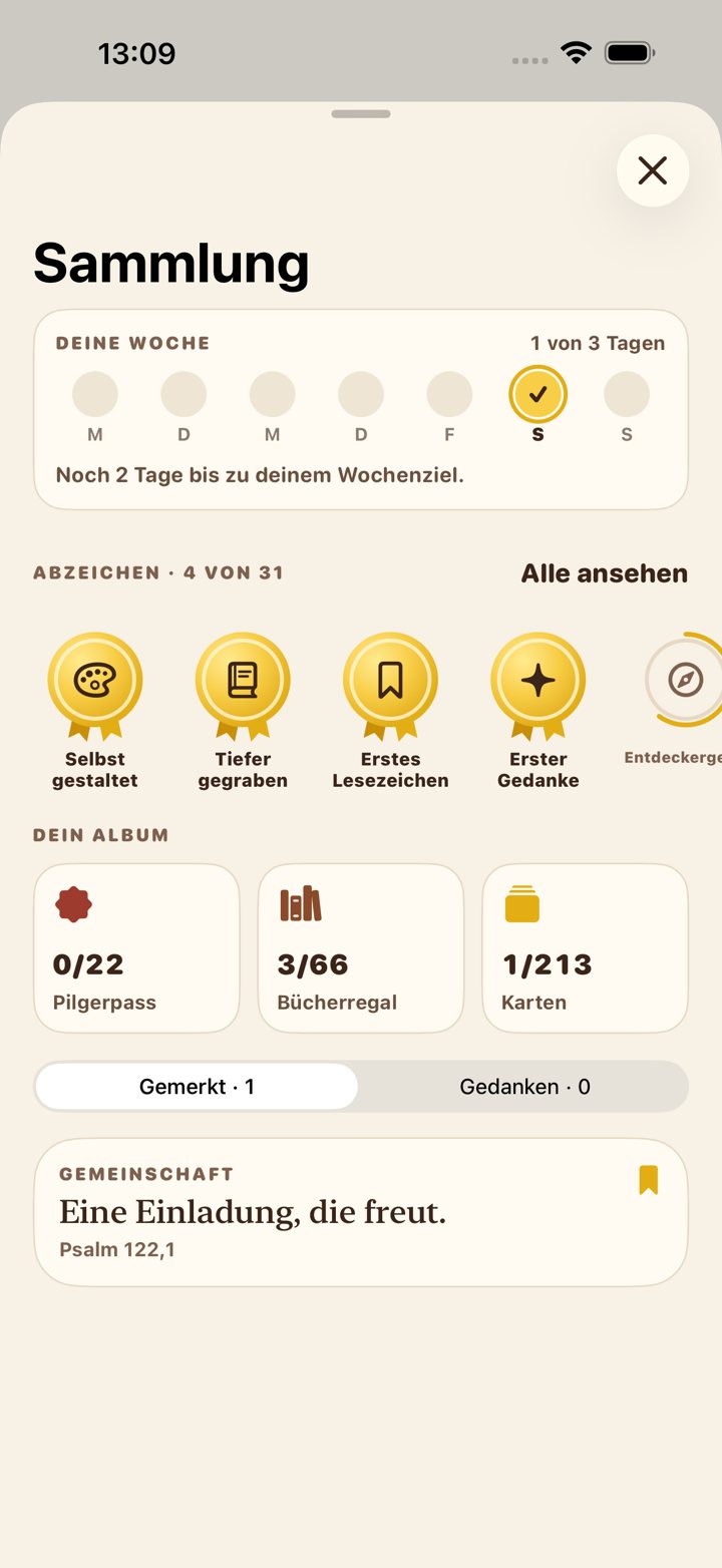 Sammlung mit Wochenring, Abzeichen und Album: Pilgerpass, Bücherregal, Karten
